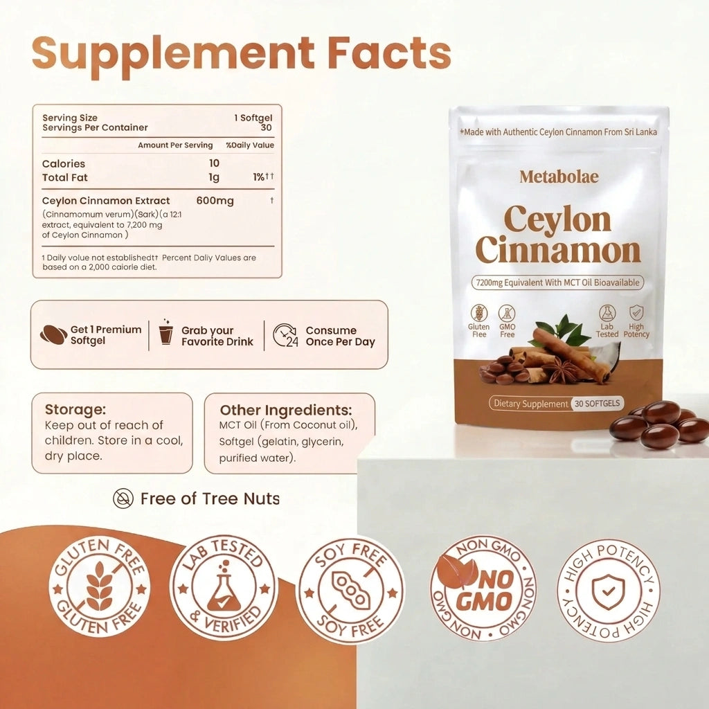 Canela de Ceilán Equivalente a 7200 mg con Aceite MCT